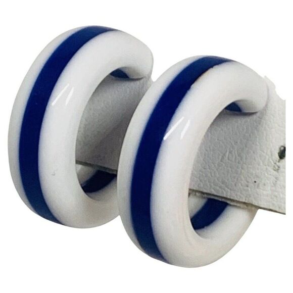 Nautical Blue & White Striped Acrylic Silver Tone Vintage Clip On Hoop Earrings - Picture 3 of 7